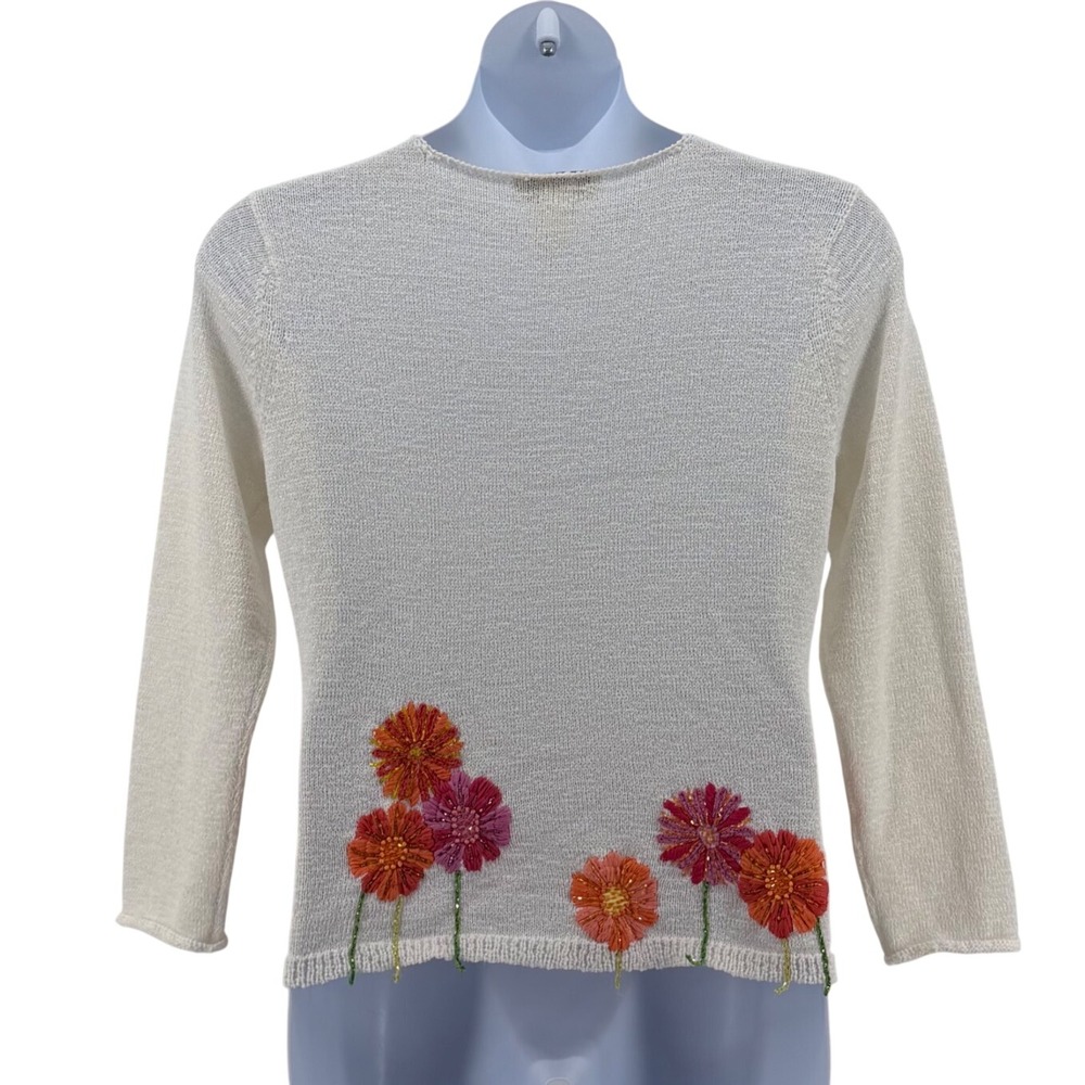Susan Bristol Cotton Blend Floral Embroidered Beaded Cardigan Sweater Cream L - Picture 2 of 9